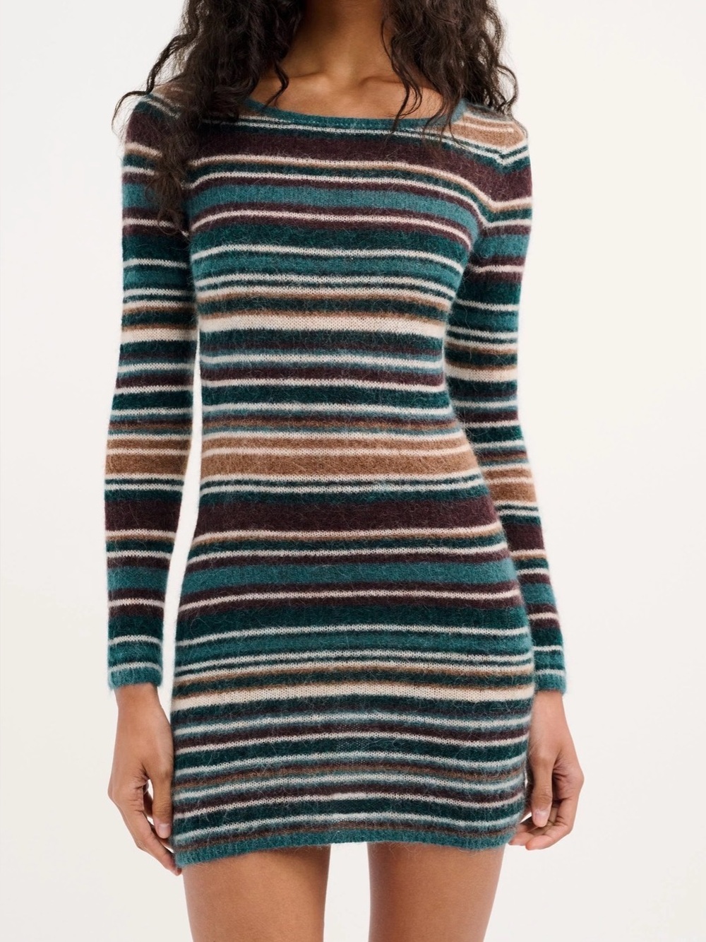 Rumored Striped Crew-Neck Sweater Dress - Teal, Brown, Cream, Maroon